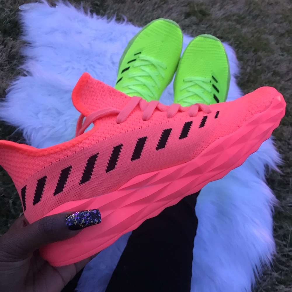 Neon coral black knit ankle sneakers